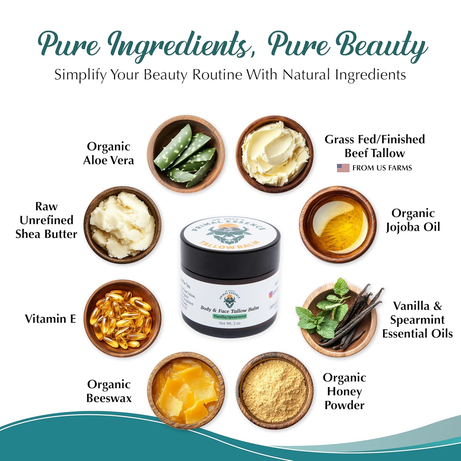 Dr. Dave'S Primal Essence Grass Fed Beef Tallow Balm For Face And Body With Shea Butter, Organic Jojoba Oil, Honey, And Beeswax – Beef Tallow For Skin – Vanilla And Spearmint – 2 Oz : Beauty & Personal Care