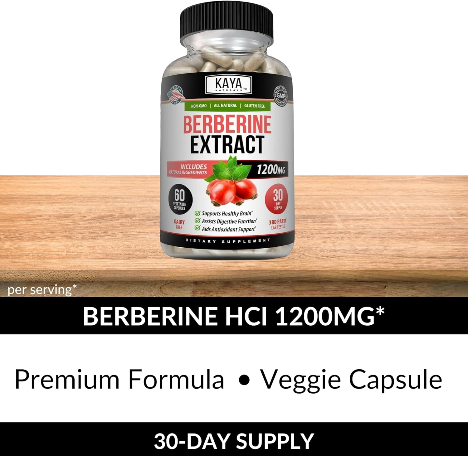 Kaya Naturals Berberine HCL Extract 1200mg - Supports Strong Immune System - Helps with Glucose Levels, Improve Gut Health (Vegetarian, Non-GMO & Gluten-Free) Berberine Supplement (60 Count) : Health & Household
