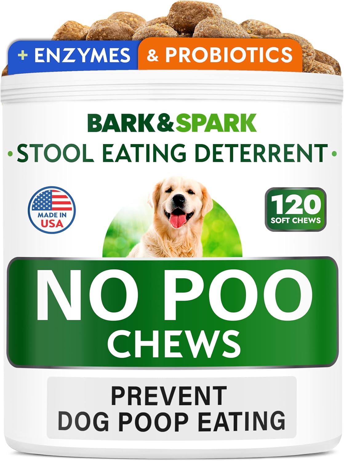 Bark&Spark No Poo Treats - Prevent Dog Poop Eating - Coprophagia Treatment - Stool Eating Deterrent - Probiotics & Enzymes - Digestive Health + Breath Aid - 120 Soft Chews - Usa Made - Bacon Flavored