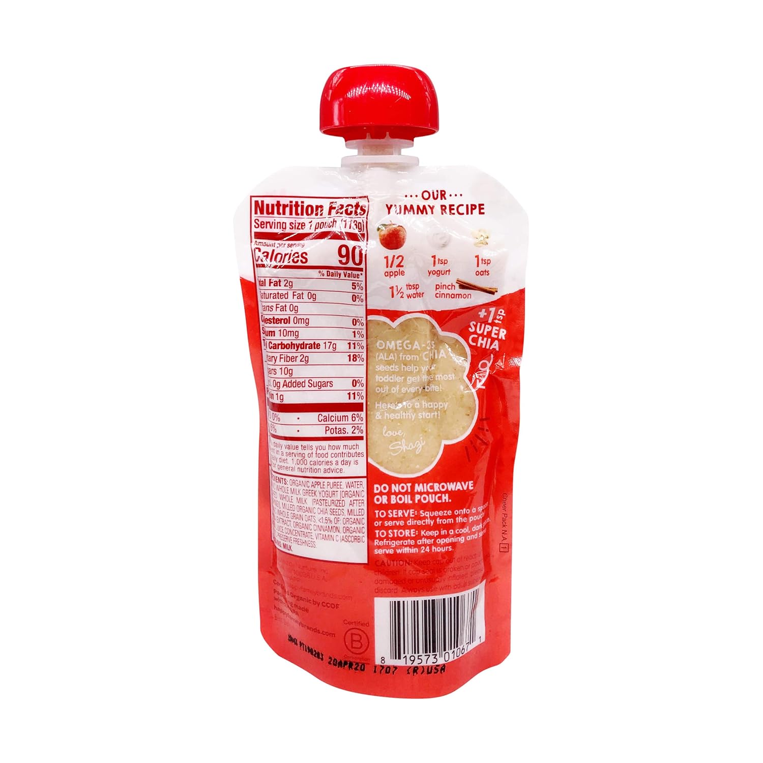 Happy Tot Organics Super Morning Stage 4, Apple Cinnamon, Yogurt, & Oats + Super Chia, 4 Ounce (Pack Of 2)