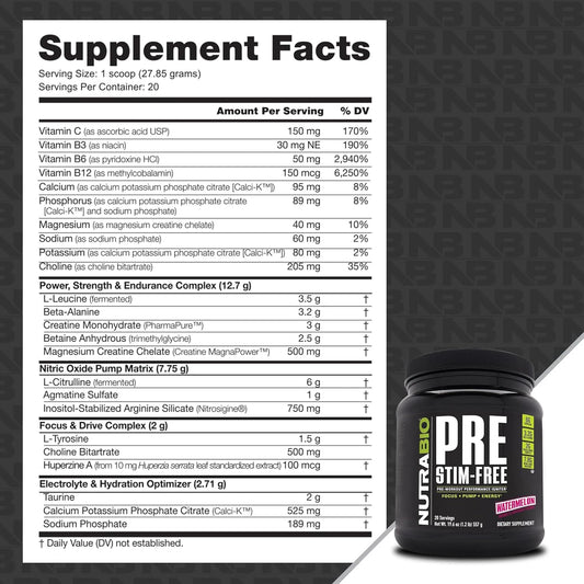 NutraBio PRE Stim Free - Caffeine Free Pre Workout Powder - Sustained Energy, Mental Focus, Endurance - Clinically Dosed Formula - Beta Alanine, Creatinine - Watermelon