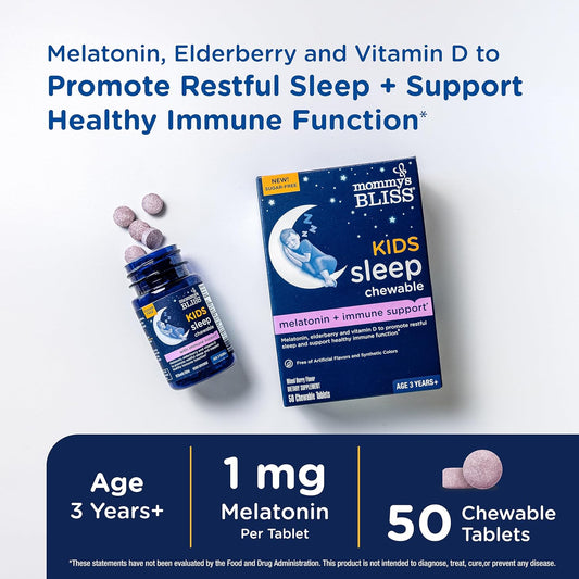 Mommy'S Bliss Kids Sleep + Immunity 1 Mg Melatonin Chewable, Contains Magnesium, Elderberry, And Vitamin D, Sugar Free, 3 Years+, 1 Bottle (50 Tablets)