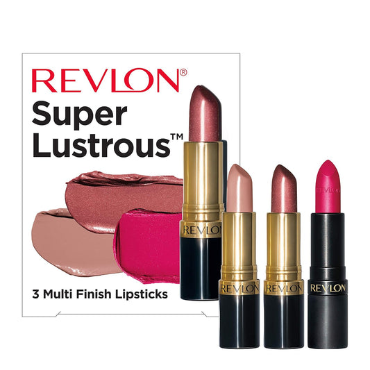 Revlon Lipstick Set, Super Lustrous 3 Piece Gift Set, High Impact, Multi-Finish In Cream, Pearl & Matte, Pack Of 3