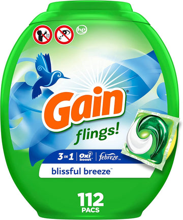 Gain Flings! Laundry Detergent Soap Pacs, He Compatible, 112 Ct, Long Lasting Scent, Blissful Breeze