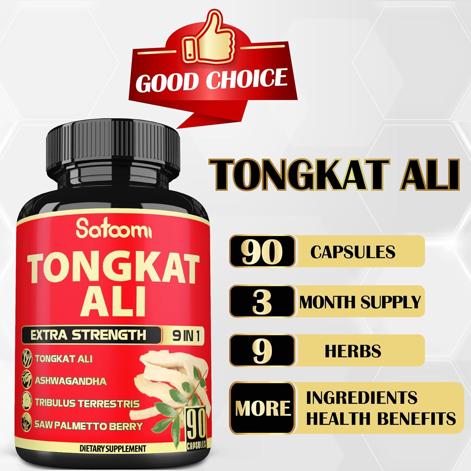 Satoomi Natural Tongkat Ali Root Extract 200:1 - 9 Essential Herbs Equivalent to 3450mg - Support Strength, Energy and Healthy Immune - 1 Pack 90 Vegan Caps 3 Month Supply