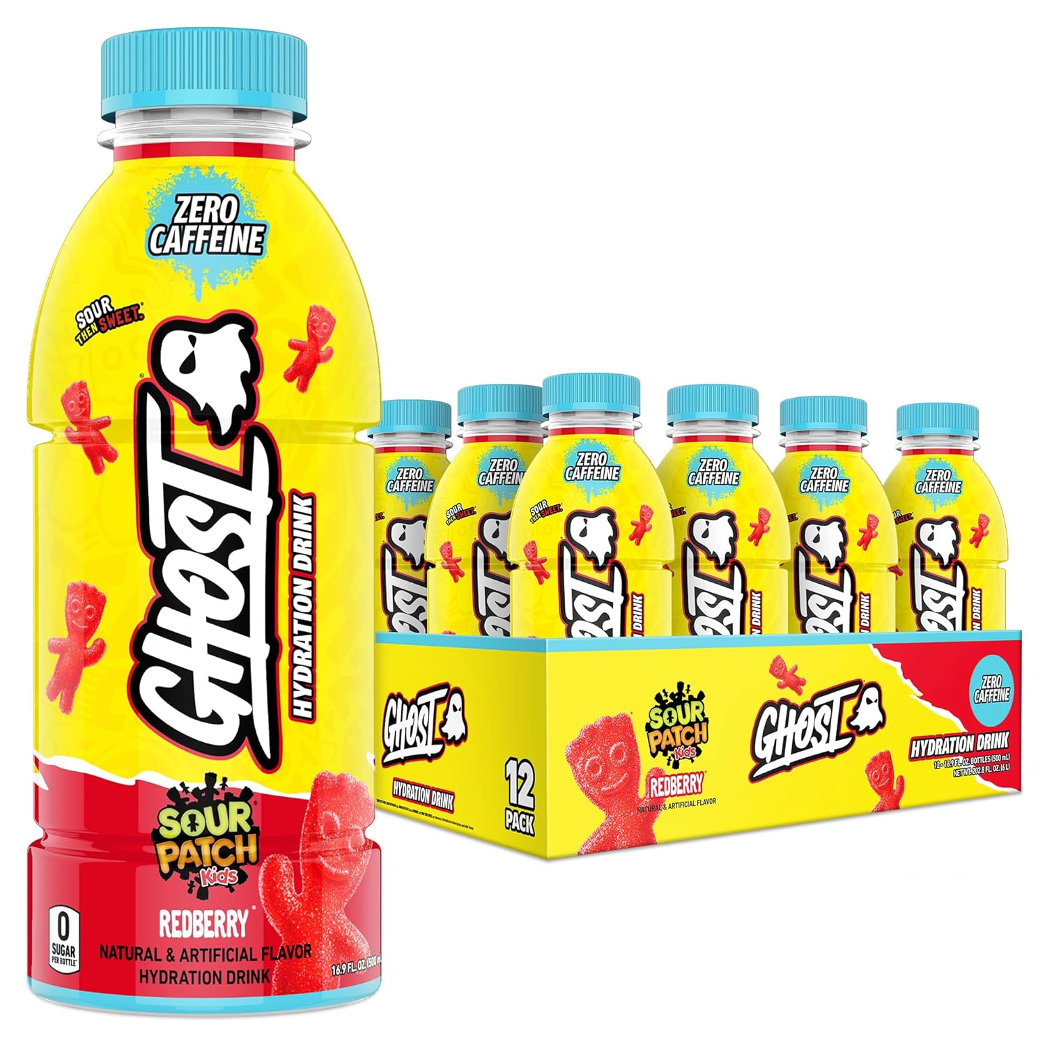 Ghost Hydration Drink, Sour Patch Kids Redberry - Rtd Sports Drinks With Electrolytes For Hydration - Beverage For Athletes - Zero Caffeine & Zero Sugars - 16.9 Fl Oz, 12 Pack