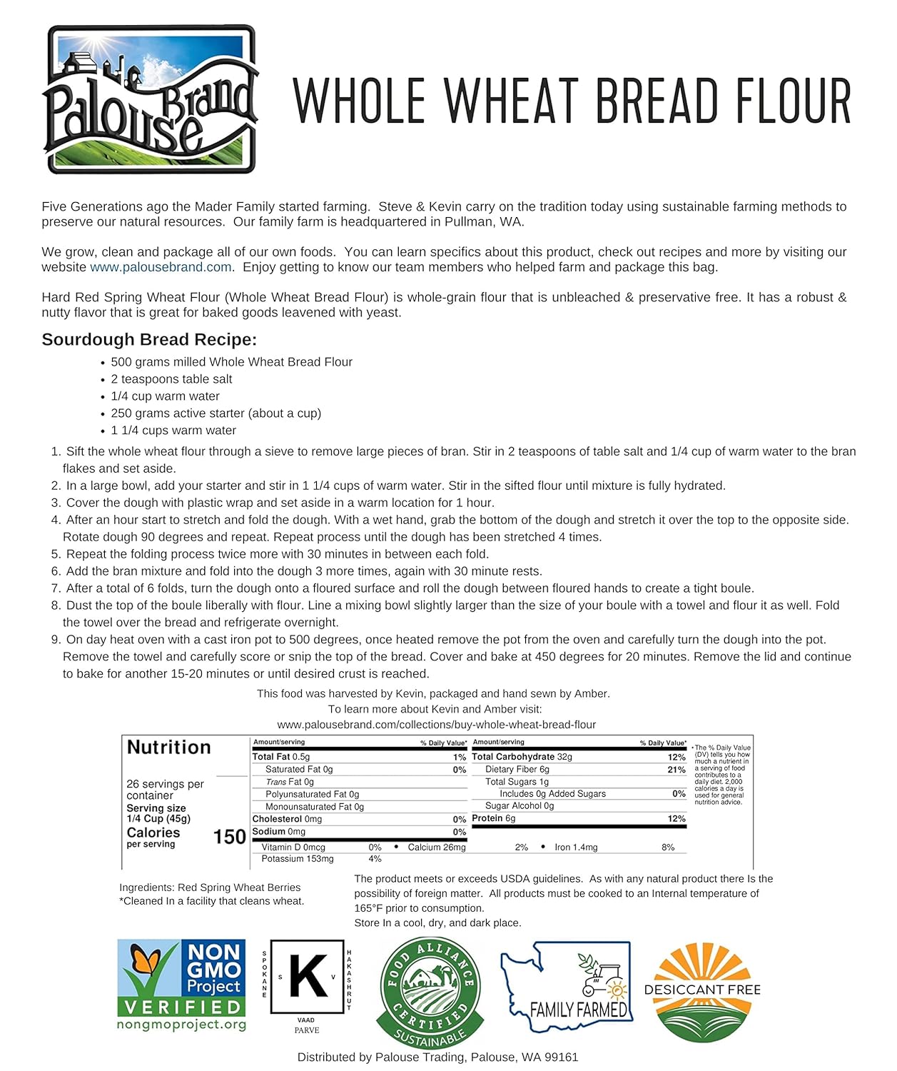 Hard Red Spring Whole Wheat Flour | 3 LBS | Bread Flour | Non-GMO | 100% Non-Irradiated | Kosher | USA Grown | Field Traced | Resealable Kraft Bag : Grocery & Gourmet Food