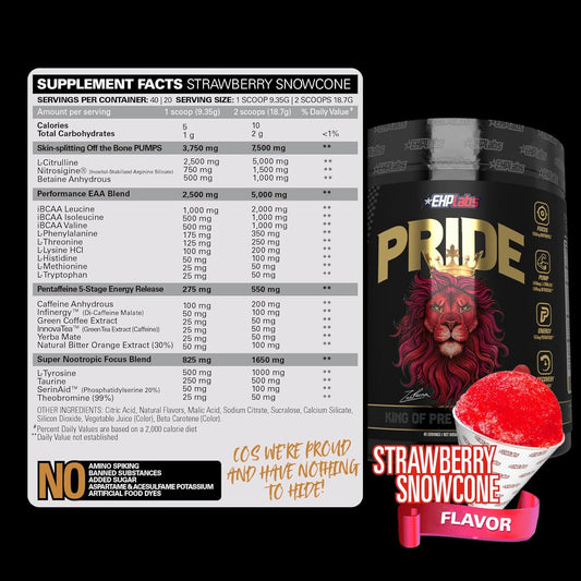 Ehp Labs Pride Pre Workout Powder Energy Supplement - Sugar Free Preworkout For Men & Women, Energy Powder Boost Drink With Bcaa - 280Mg Of Caffeine - Strawberry Snowcone (40 Servings)