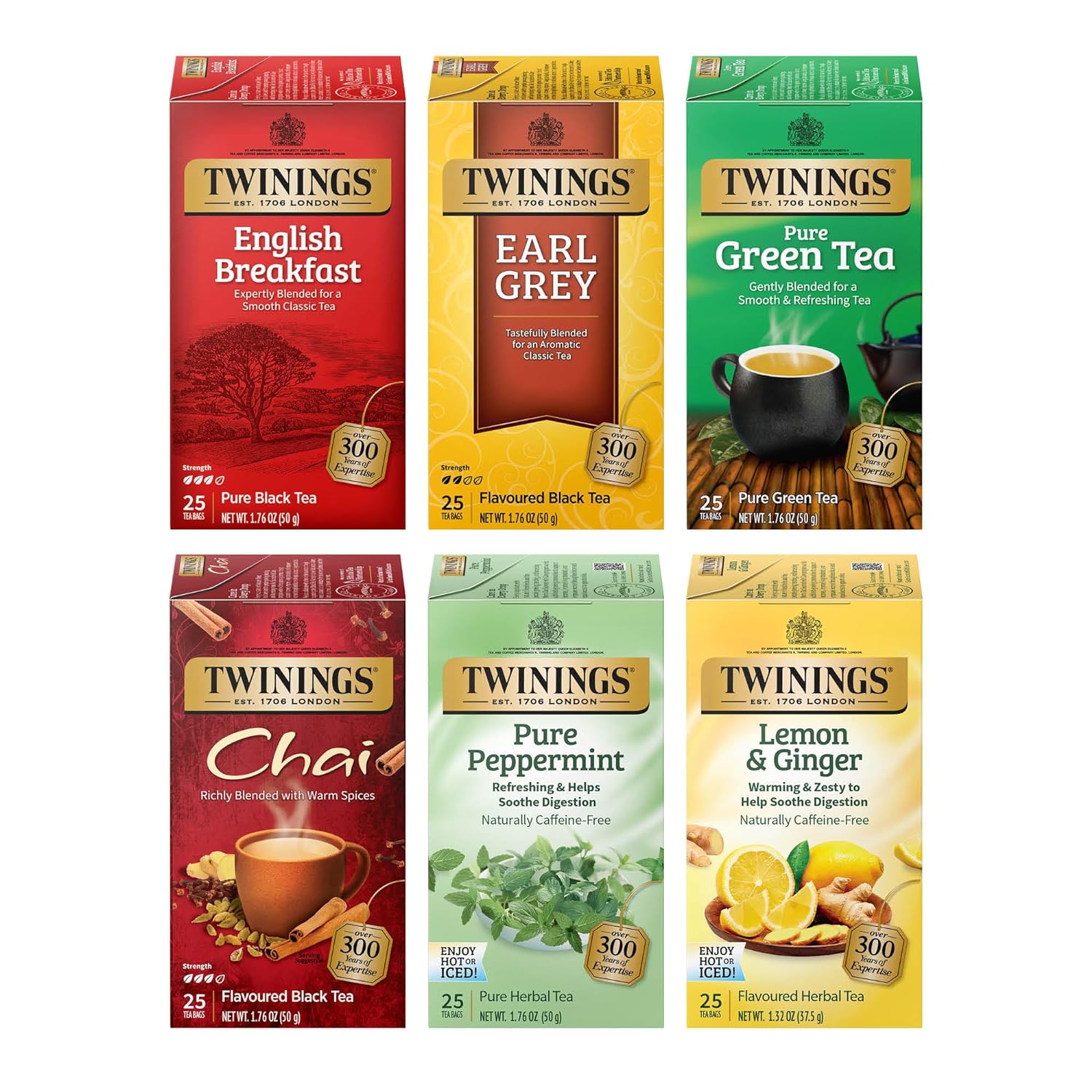 Twinings Variety Pack Tea Bags, Includes English Breakfast, Earl Grey, Lemon Ginger, Peppermint, Green, And Chai, 25 Count (Pack Of 6), Enjoy Hot Or Iced | Packaging May Vary