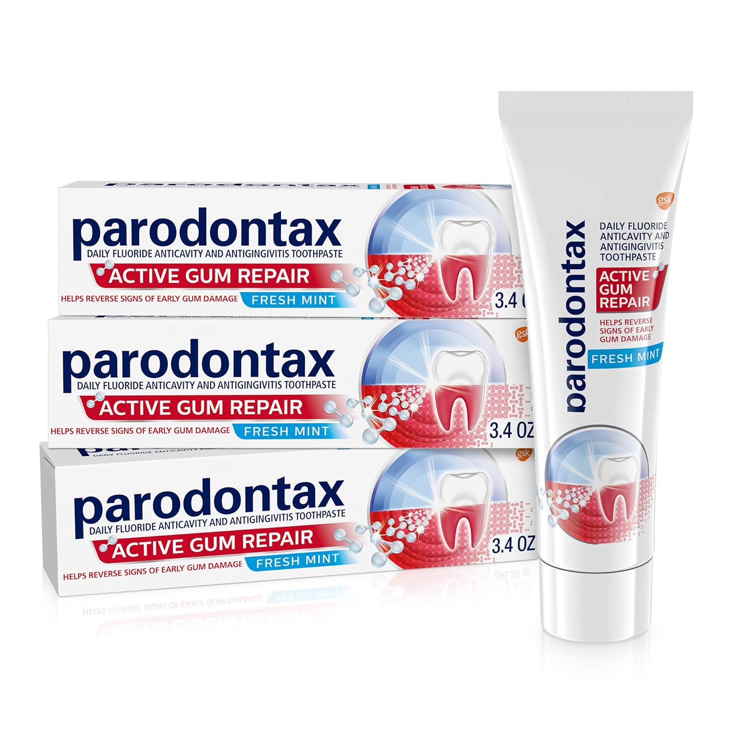 Parodontax Active Gum Repair Toothpaste, Toothpaste To Help Reverse Signs Of Early Disease For Health, Fresh Mint Flavored - 3.4 Oz x 3