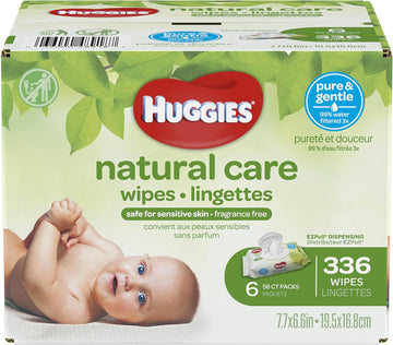Huggies Natural Care Unscented Baby Wipes, Sensitive, Water-Based, 6 Flip-Top Packs, 56 Count (Pack Of 6)