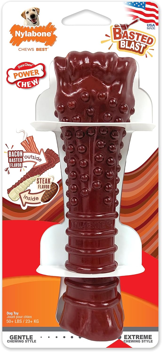 Nylabone Power Chew Basted Blast Dual Flavored Dog Chew Toys For Aggressive Chewers - Durable Dog Bones With 2 Layers Of Flavor - Bacon And Steak Flavor, X-Large/Souper (1 Count)