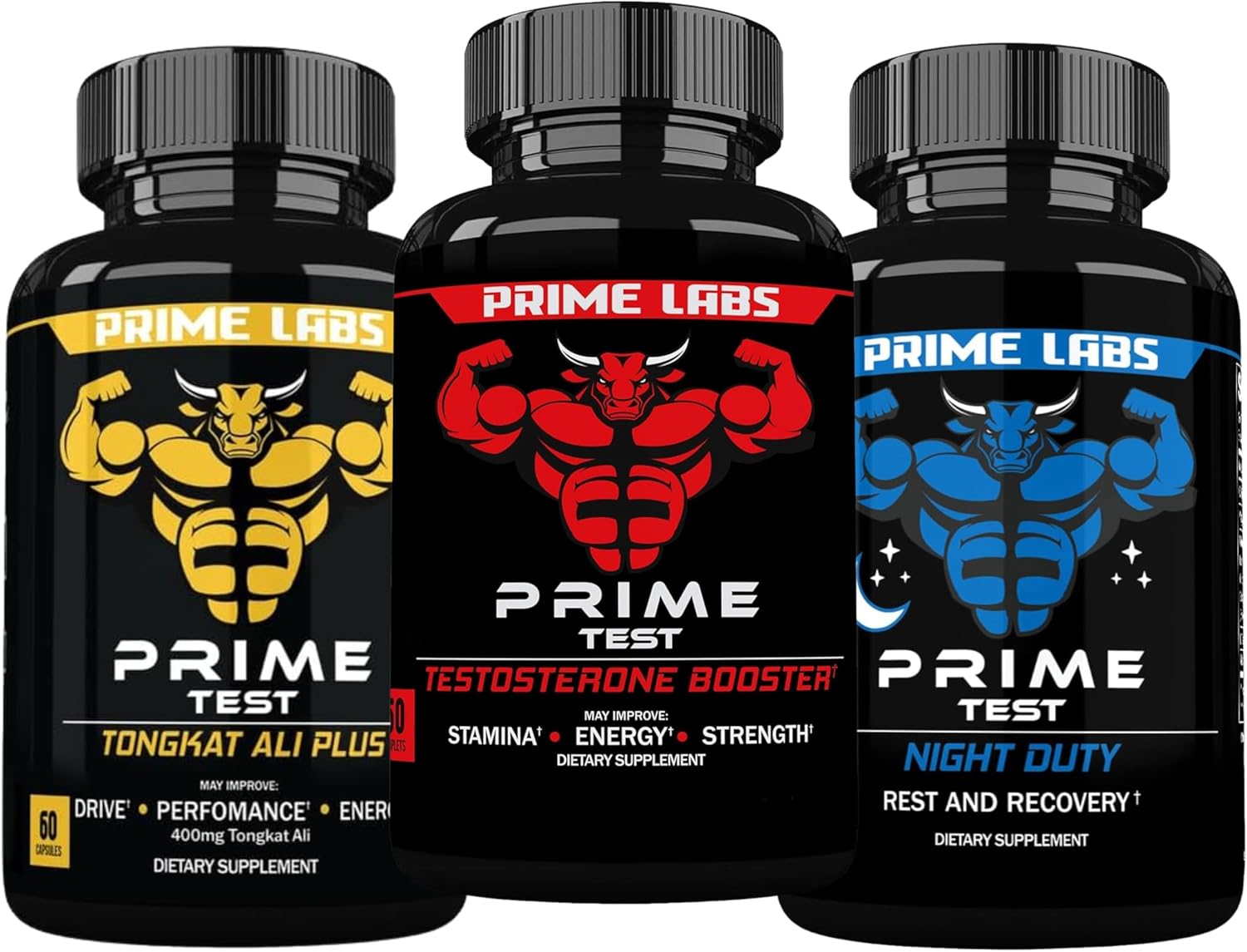 Prime Labs Prime Test Testosterone Booster + Night Duty Sleep Supplement + Tongkat Ali Plus (60 Count Each)