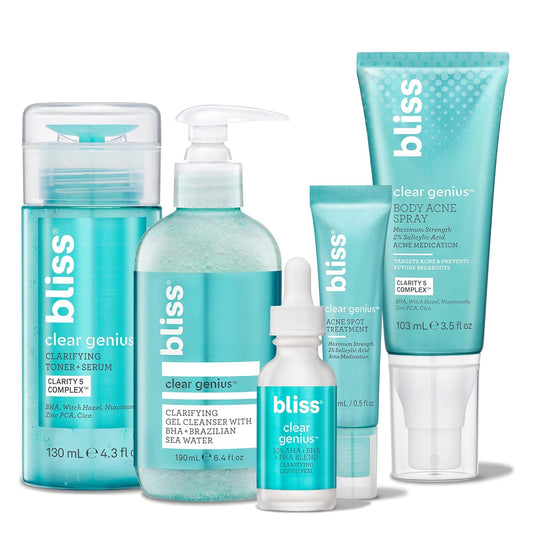 Bliss Acne-Prone Skin Bundle - Clear Genius Toner, Body Spray, Spot Treatment BHA Salicylic Acid and Clarifying Peel & Cleanser : Beauty & Personal Care