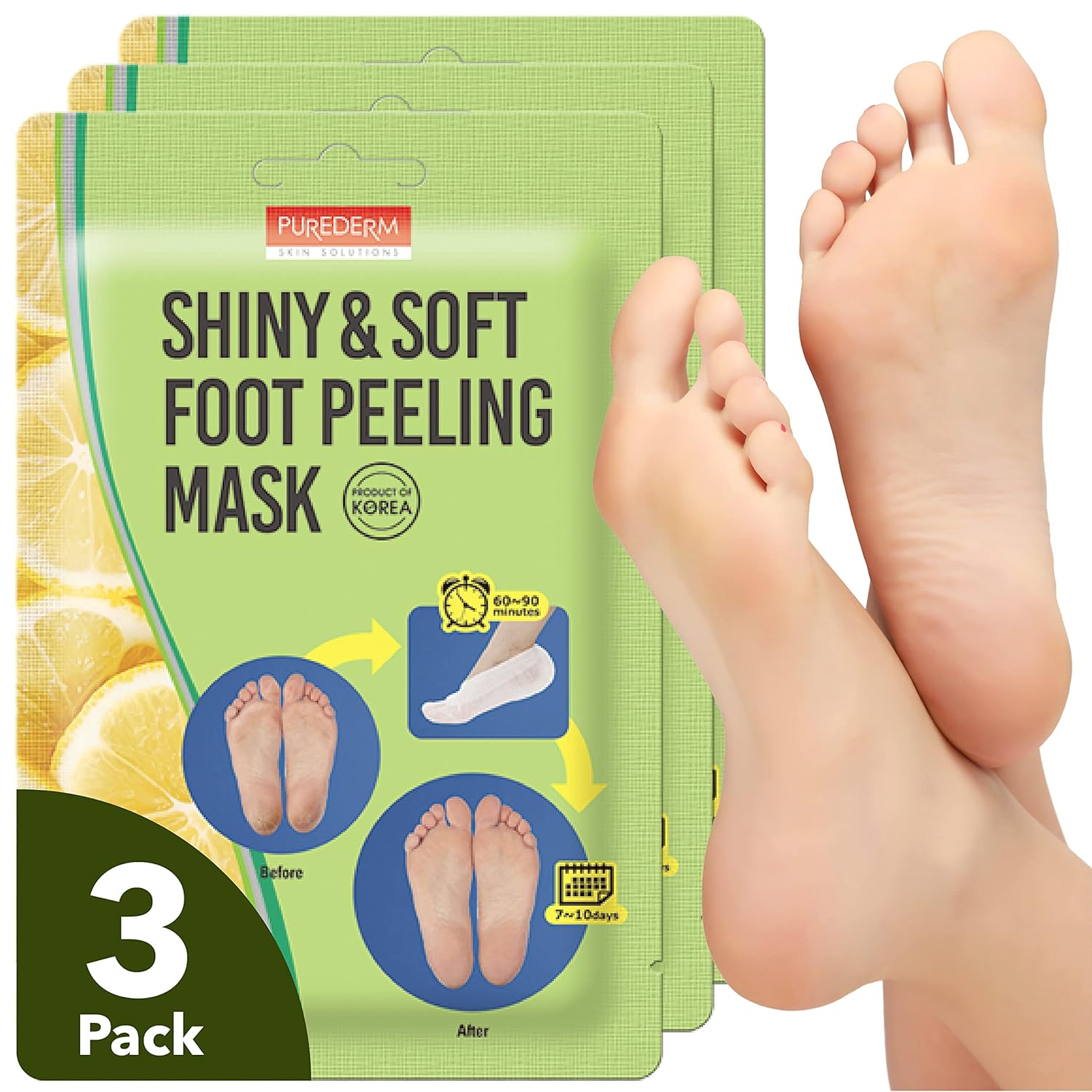 Purederm Shiny & Soft Foot Peeling Mask (3 Pack) - For Smooth And Moist Baby Skin With Exfoliating Peel Off Calluses, Dry Skin, Cracked Heels - Men And Women