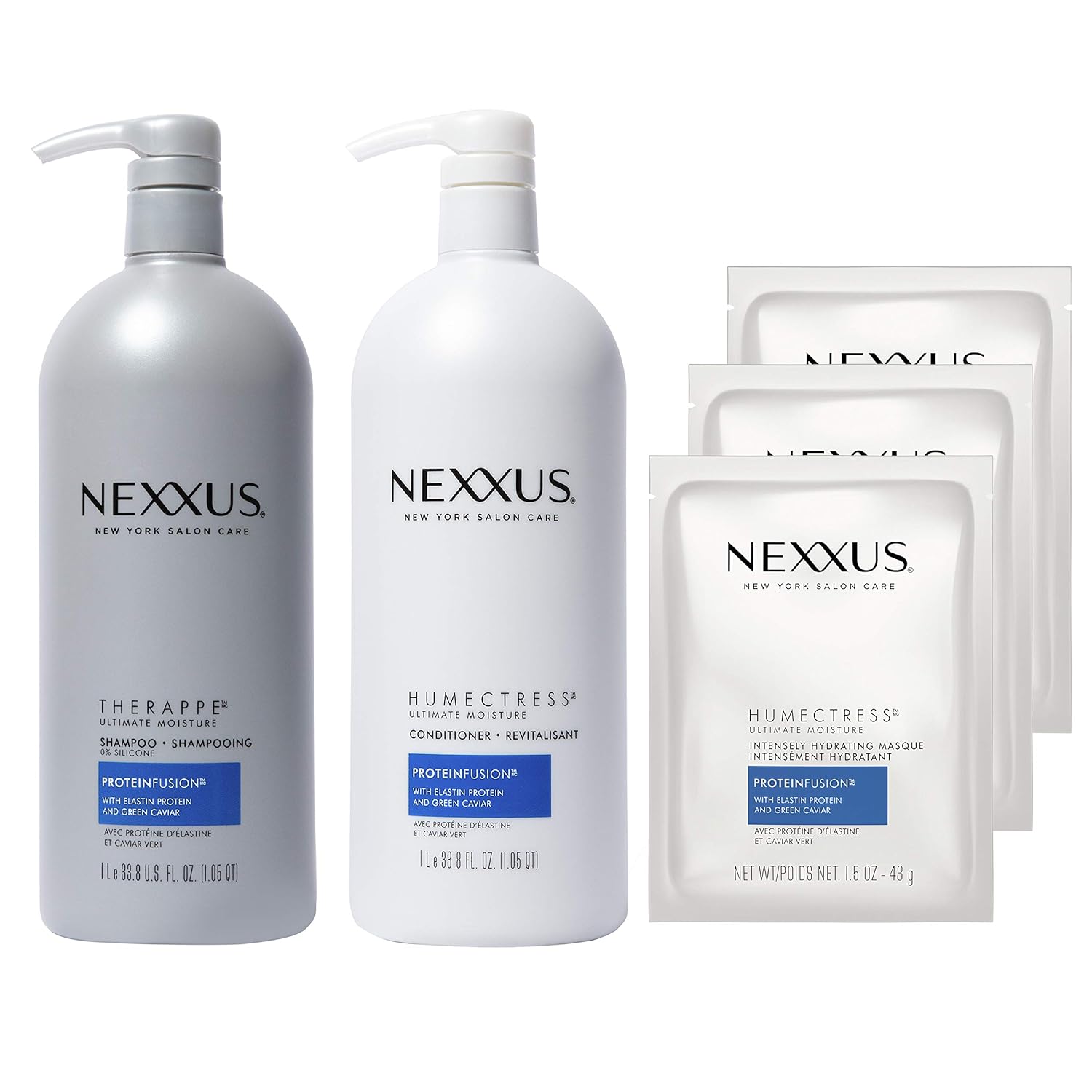 Nexxus Shampoo And Conditioner And 3 Hair Treatment Masks Therappe Humectress 5 Count For Dry Hair Silicone-Free, Moisturizing Caviar Complex And Elastin Protein 33.8 Oz, 2 Count And 1.5 Oz, 3 Count