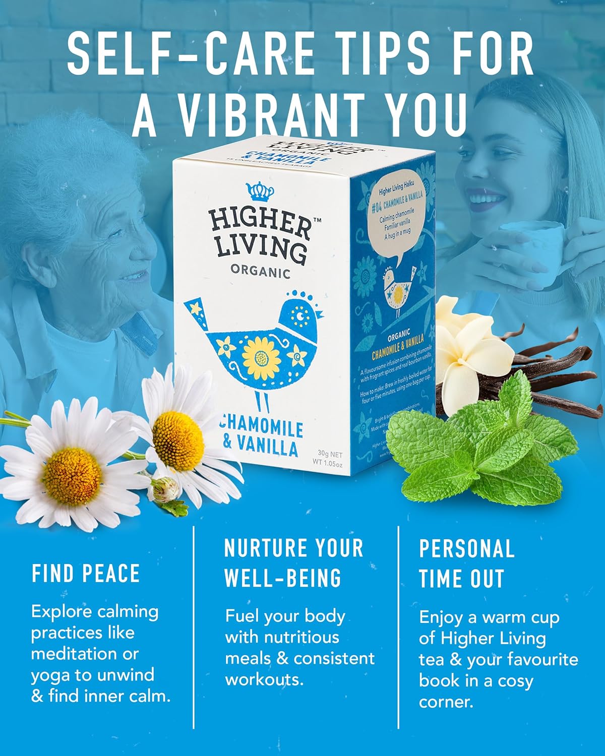 Higher Living Chamomile & Vanilla Organic Herbal Tea - Aromatic, Caffeine Free Calming Tea with Fennel, Lemon Balm, Orange Peel & Licorice - 4 Boxes, 15 Bags Each : Amazon.co.uk: Grocery