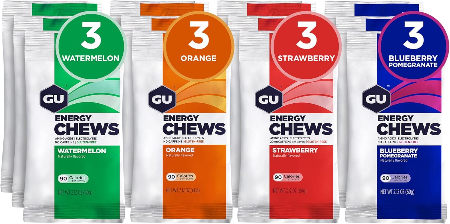 Gu Energy Chews, Variety Pack Energy Gummies With Electrolytes, Vegan, Gluten-Free, Kosher, Caffeine/Caffeine-Free, And Dairy-Free On-The-Go Energy For Any Workout, 12 Bags (24 Servings Total)