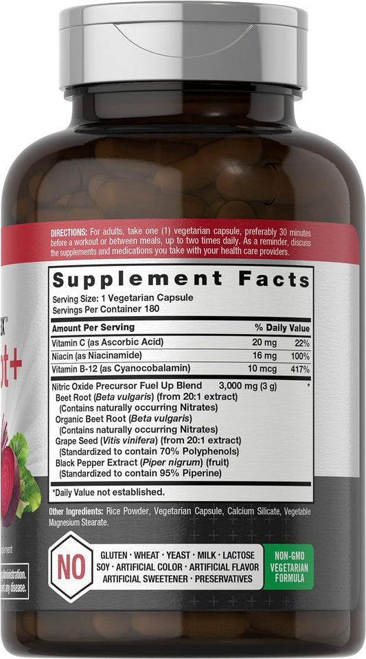 Horbäach Nitric Oxide Beet Root Capsules And Precursor | With Nitrates | 180 Count | Vegetarian, Non-Gmo, Gluten Free Supplement