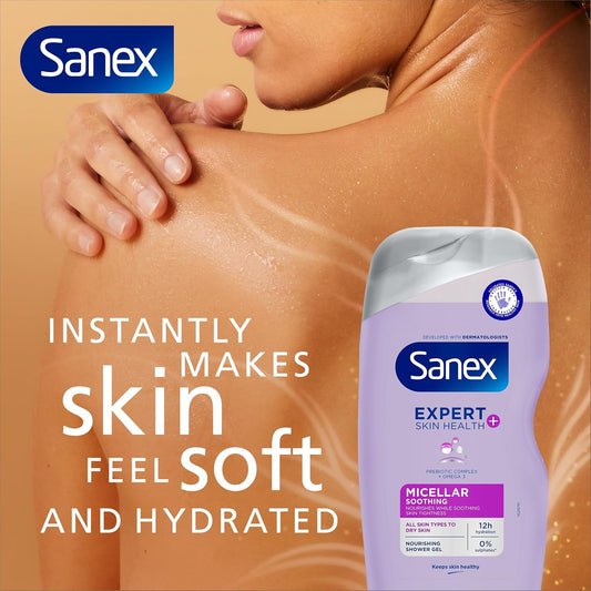 Sanex Expert Skin Health+ Micellar Soothing Shower Gel 450Ml X 6, For Dry Skin, Body Wash For Men & Women, Nourishes Skin, Soothes Skin Tightness, 12 Hour Hydration, Prebiotic & Postbiotic Complex