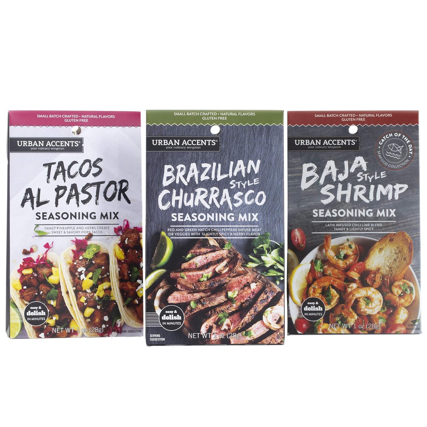 Urban Accents Gluten Free Main Dish Food Truck Seasoning Bundle – Latin Food Seasoning Set (Set of 3) – Baja Shrimp, Brazilian Churrasco & Tacos al Pastor Cooking Spices and Seasonings