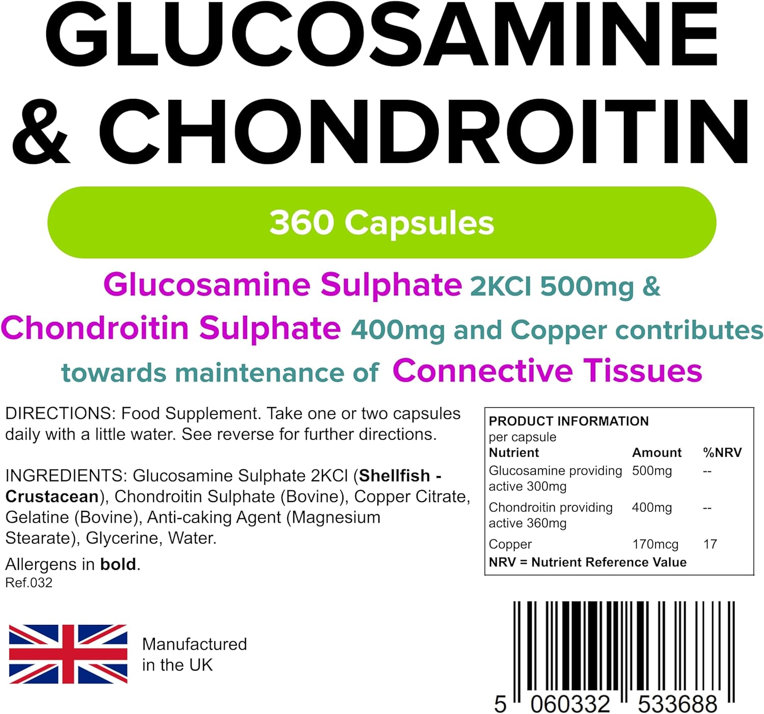 Lindens - Glucosamine & Chondroitin, 360 Capsules (60 x 6 Packs) - UK Made - Glucosamine Sulphate 2KCl 500mg, Chondroitin 400mg with Copper - Connective Tissue & Joint Support, Letterbox Friendly : Amazon.co.uk: Health & Personal Care
