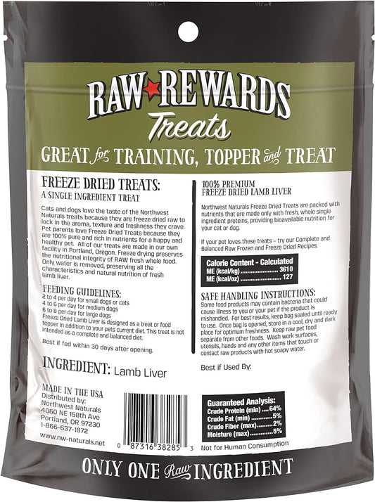 Northwest Naturals Raw Rewards Freeze-Dried Lamb Liver Treats for Dogs and Cats - Bite-Sized Pieces - Healthy, 1 Ingredient, Human Grade Pet Food, All Natural - 3 Oz (Packaging May Vary)