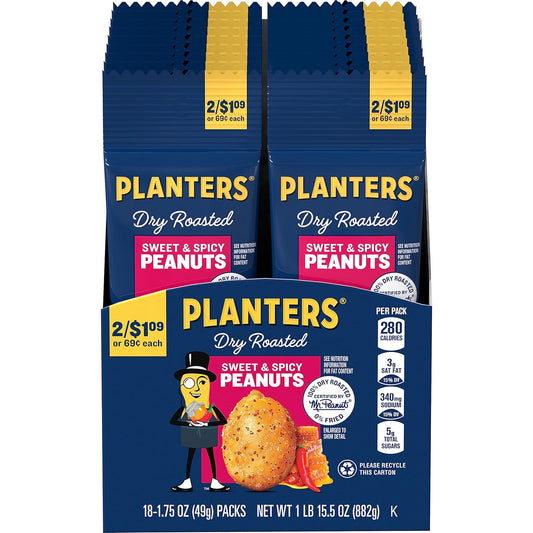 Planters Sweet And Spicy Peanuts, Dry Roasted Peanuts, Spicy Nuts, Nuts Individual Packs, Party Snacks, Snack Nuts, Snacks On The Go, Kosher, 1.75Oz (18 Pack)