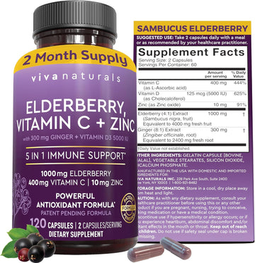 Viva Naturals Elderberry With Vitamin C And Zinc For Adults - 5 In 1 Sambucus Black Elderberry Capsules With Vitamin D3 5000 Iu, Elderberries Immune Support Supplement 2 Months Supply Pills