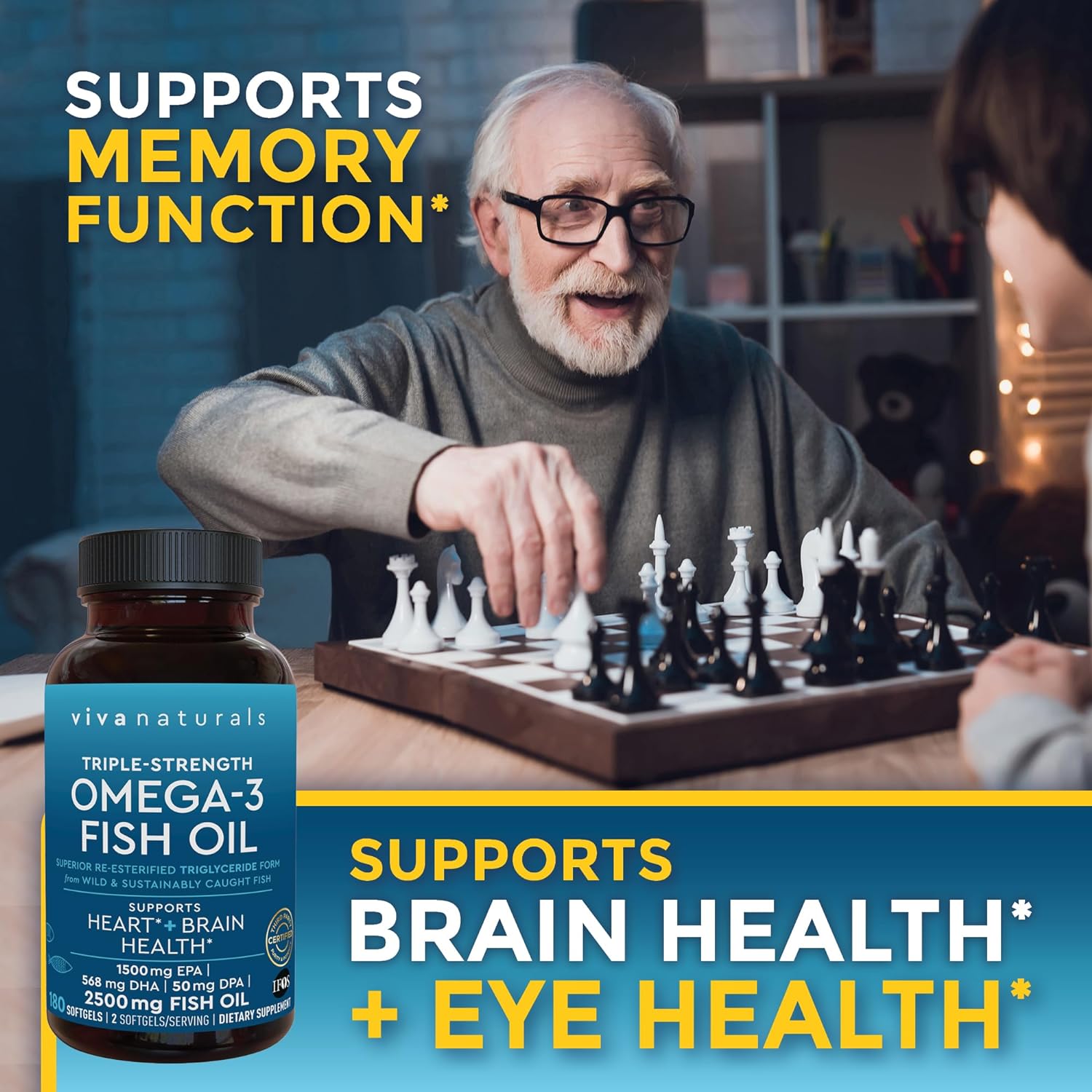 Viva Naturals Triple Strength Omega 3 Fish Oil Supplement - 2500 mg Fish Oil with Re-Esterified Omega 3 Fatty Acids Including EPA, DHA DPA - 180 Pescatarian-Friendly Softgels : Health & Household