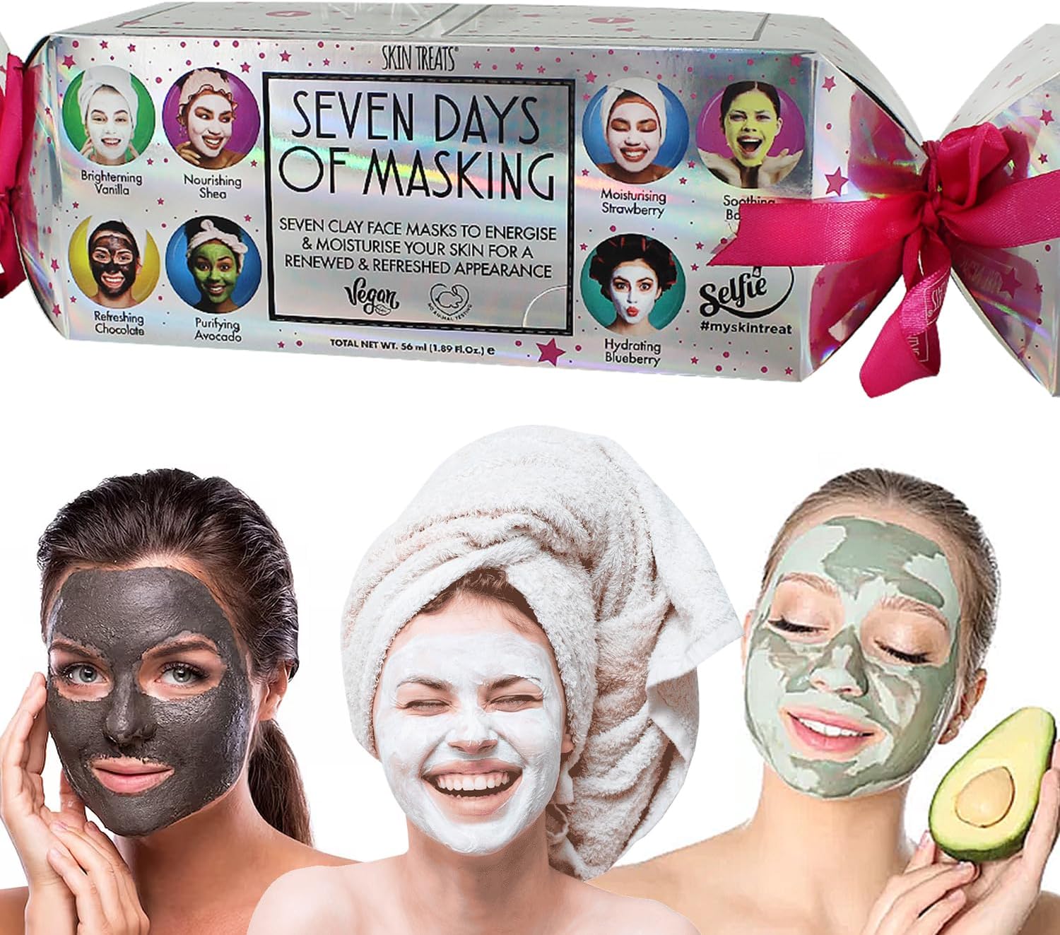 Skin Treats Seven Days Of Masking Christmas Cracker Gift Set | Dual Acton Clay Masks | Bentonite & Kaolin Clay | Rejuvenates & Nourishes | Vegan | Not Tested On Animals