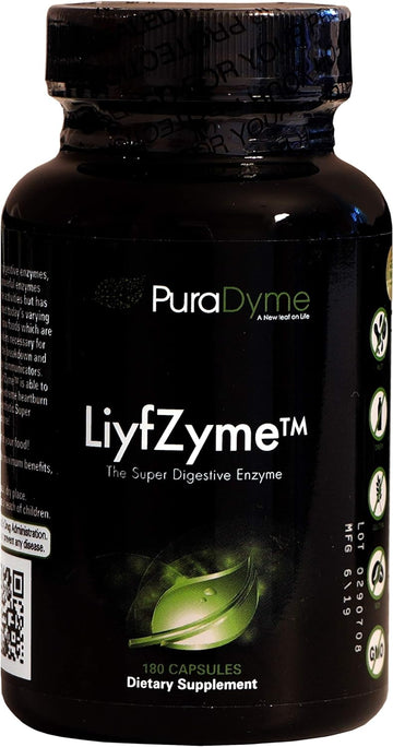 LiyfZyme Plant Based Digestive Enzyme Supplement - 180 Veggie Caps. PuraDyme By Lou Cornoa