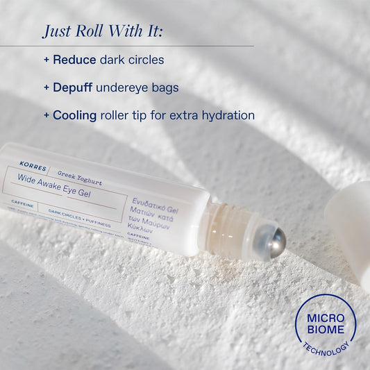 Korres Greek Yoghurt Wide Awake Eye Gel Serum With Hyaluronic Acid And Caffeine For Dark Circles, Puffy Eyes And Under Eye Bags, Roller Massage Ball Applicator, Brightening And Hydrating, 0.51 Fl Oz