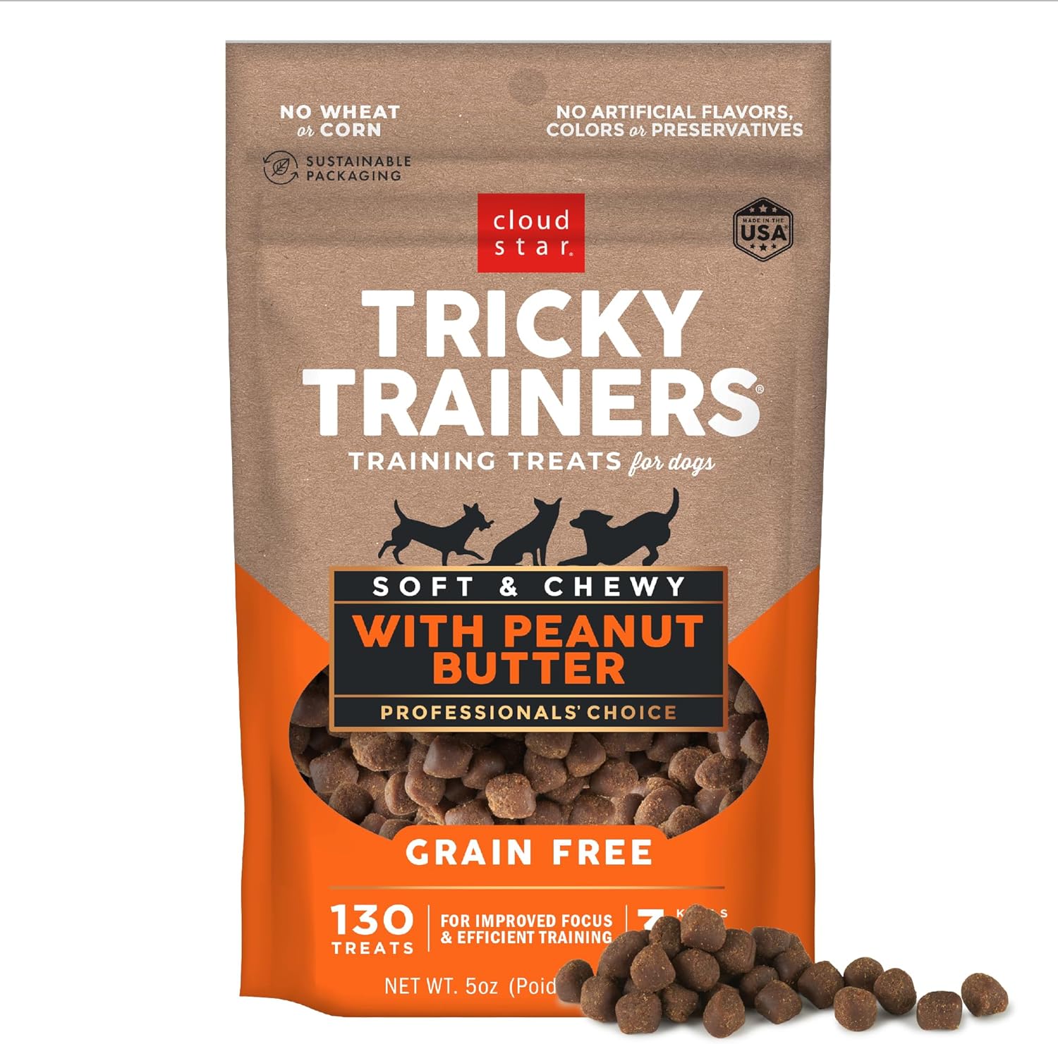 Cloud Star Tricky Trainers Soft & Chewy Dog Training Treats 5 Oz Pouch, Peanut Butter Flavor, Grain-Free Low Calorie Behavior Aid With 130 Treats