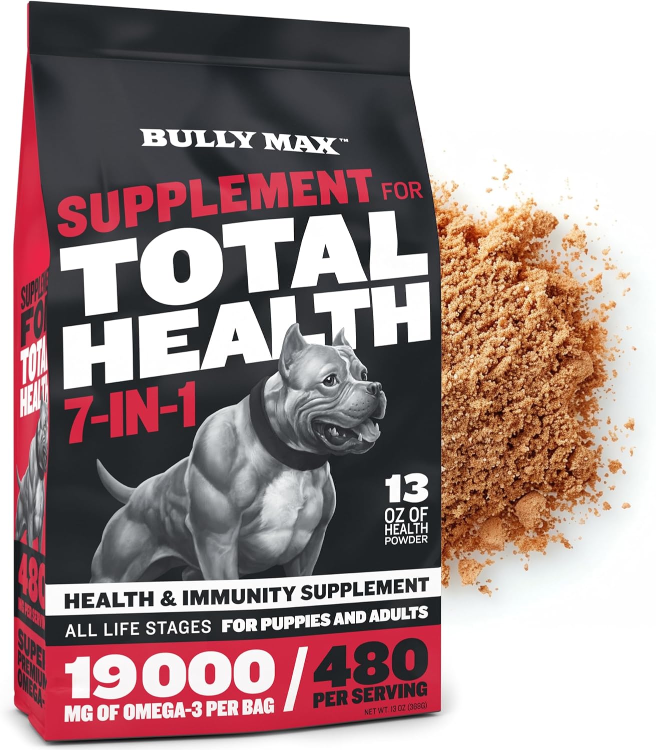 Bully Max 7-in-1 Total Health & Immunity Dog Multivitamin Powder - Puppy & Adult Dog Vitamins - Omega 3 Vitamin Supplements for Immune System, Heart, Joint & Digestive Health for All Breeds, 368g Bag