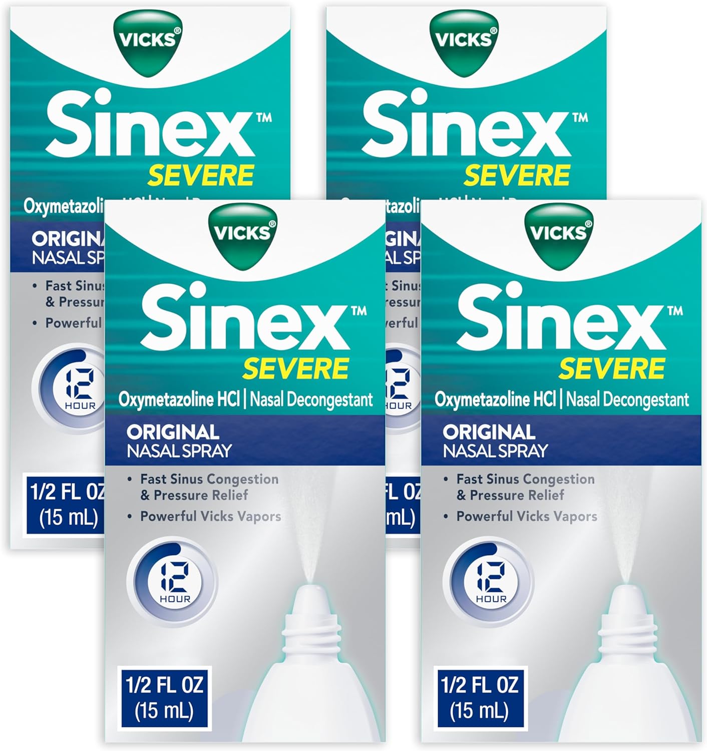 Vicks Sinex Severe, Nasal Spray, Original Sinus Decongestant For Fast Relief Of Cold & Allergy Congestion, Sinus Pressure Relief, 0.5 Fl. Oz (Pack Of 4)