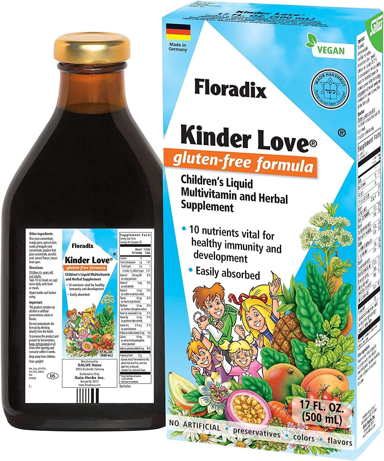 Floradix, Floradix Kinder Love Vegan Children?s Liquid Multivitamin for Healthy Development, 17 Oz