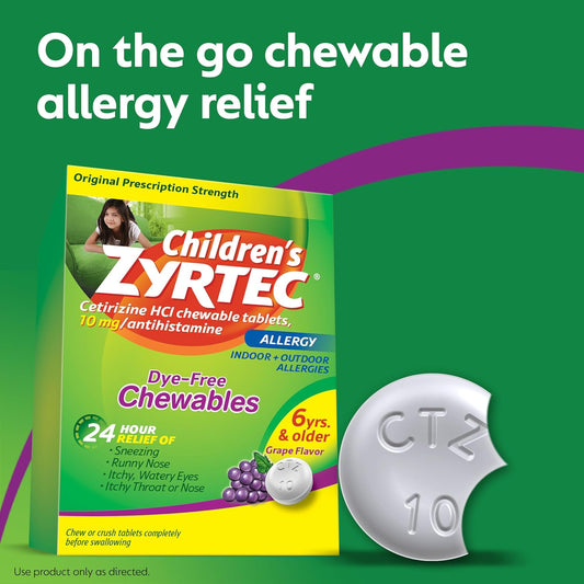 Zyrtec Children'S Dye-Free Chewables For 24 Hour Allergy Relief, 10 Mg Cetirizine Hcl Antihistamine Tablets, Kids Allergy Medicine Relieves Sneezing & Itchy Nose & Throat, Grape, 24 Ct