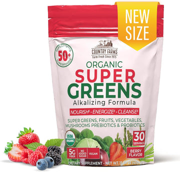 Country Farms Super Greens Berry Flavor, 50 Organic Super Foods, Usda Organic Drink Mix (Wheat Grass, Spirulina, Chlorella) Mushrooms & Probiotics, Supports Gut Health, Natural Energy, 30 Servings