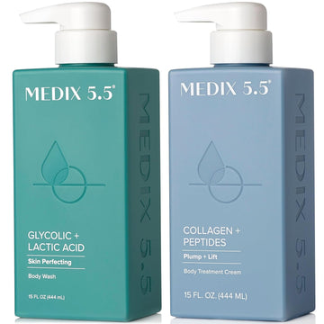 Medix 5.5 Glycolic Acid Exfoliating Face & Body Wash Cleanser + Argan Oil Moisturizing Body Cream Lotion 2Pc Skin Care Set | Alpha Hydroxy Acid & Lactic Acid Foaming Face Wash, 2Pc Set