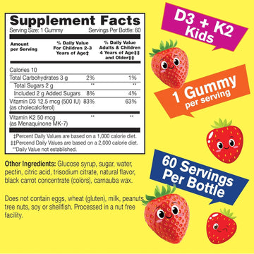 Vitamin D3 + K2 For Kids Gummies - Vitamin D3 1000 Iu, K2 100 Mcg - Bone And Muscle Health Support, Natural Flavors, Gmo Free, Gluten Free, Vegan - K2 D3 Vitamin Supplement- 60 Gummies