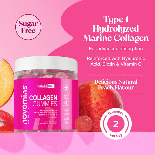 50Mg Marine Collagen Gummies Sugar Free - Collagen Supplements For Women - More Convenient Than Powder - Hydrolysed Collagen Peptides With Biotin Vitamin C Hyaluronic Acid - 60 Gummies - Novomins
