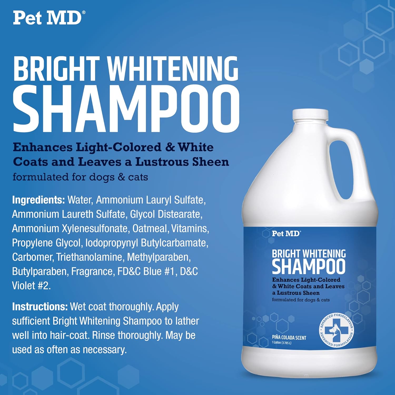 Pet MD Bright Whitening Shampoo for Dogs & Cats - Colloidal Oatmeal Moisturizes and Restores Dry Fur - Professional Dog Shampoo Gallon - Tearless Grooming Formula for Puppies & Kittens