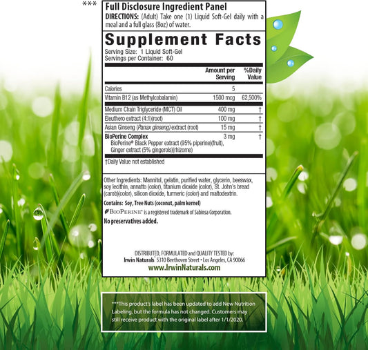 Irwin Naturals One-Per-Day Mega B-12 1,500Mcg High Potency Methylcobalamin Vitamin - Fast Enhanced Absorption With Mct + Asian Ginseng - Natural Energy Boost - 60 Liquid Softgels