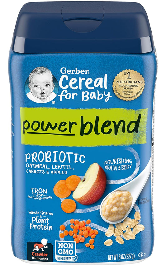 Gerber Cereal For Baby Power Blend Baby Cereal, Probiotic With Oatmeal, Lentil, Carrots & Apples, Made With Whole Grains & Plant Protein, 8 Oz Canister (Pack Of 3)