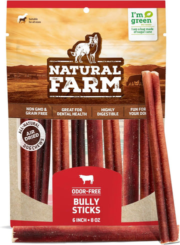 Natural Farm Odor-Free Bully Sticks (6”, 8oz) All-Natural Long-Lasting Chews, 100% Beef Pizzle, Grass-Fed, Grain-Free, Hormone-Free, Protein for Muscle Development & Energy, Perfect for Medium Dogs