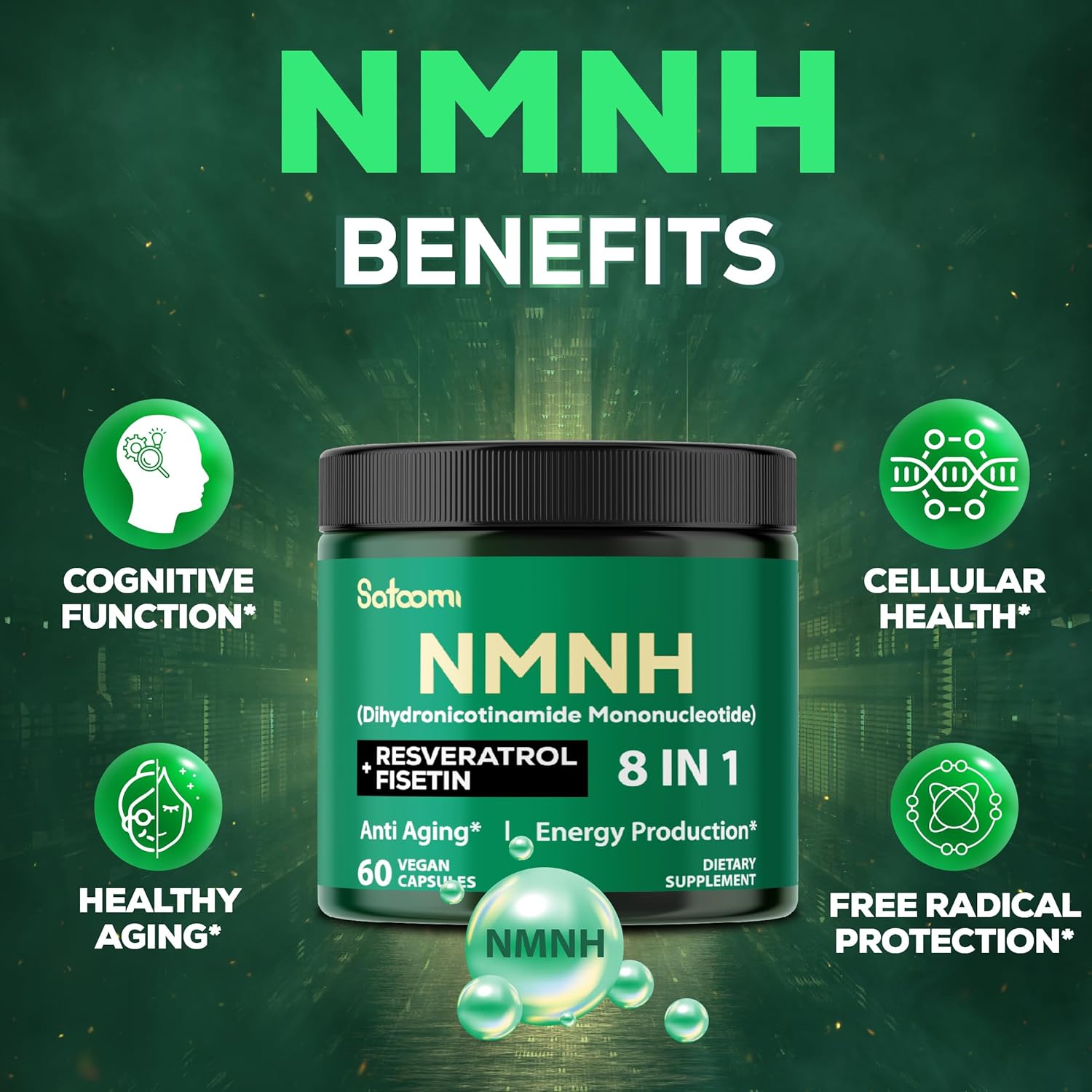 8In1 Nmnh - Nmn Supplement Alternative - Nad Supplement To Support Nad+ Levels Added Fisetin, Resveratrol, Quercetin, Turmeric, Berberine, Vitamin D3 & C - 60 Count For 30 Days : Health & Household