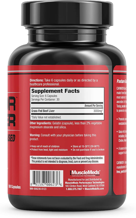 Musclemeds Carnivor Beef Liver Capsules, Energy Production, Muscle Recovery, Immunity, Non-Gmo, Liver Health Supplement, Grass Fed 180 Capsules