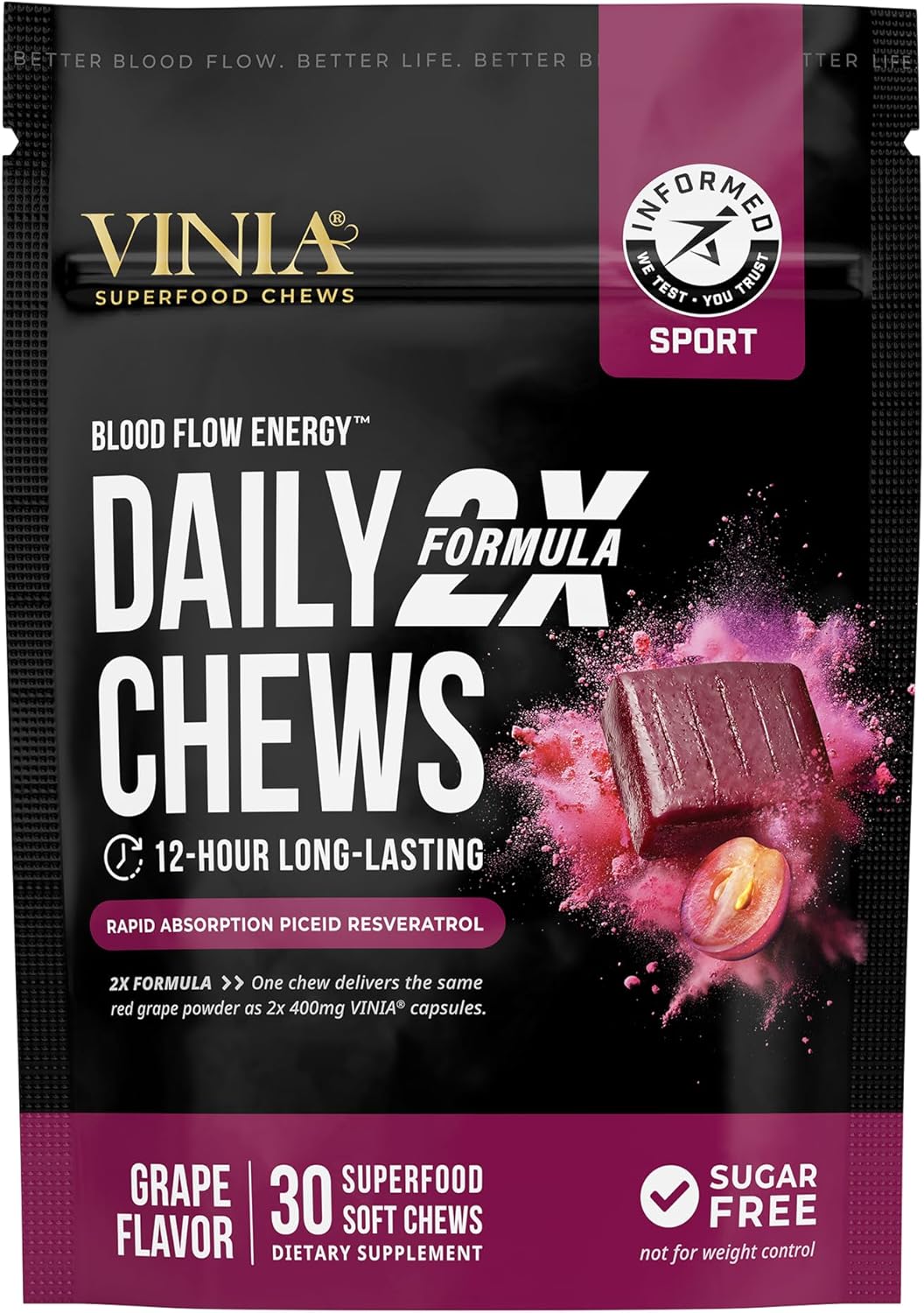 Vinia Superfood Daily Chews 2X Formula – Red Grape Chews Made With Real Piceid Resveratrol For Heart Health, Nitric Oxide, Physical Energy, Alertness, Blood Flow, Kosher, Non-Gmo – 30 Ct