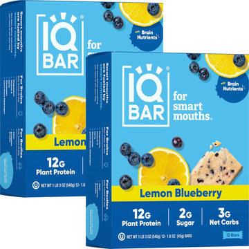 Iqbar Brain And Body Plant Protein Bars - Lemon Blueberry - 24 Count, Low Carb, High Fiber, Gluten Free, Healthy Vegan Snacks - Low Sugar Keto Bar